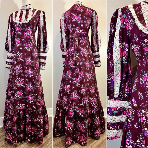 Dresses & Skirts - Vintage 1970s Prairie Dress Floral Barkcloth Cottagecore 70s Women’s Size Large